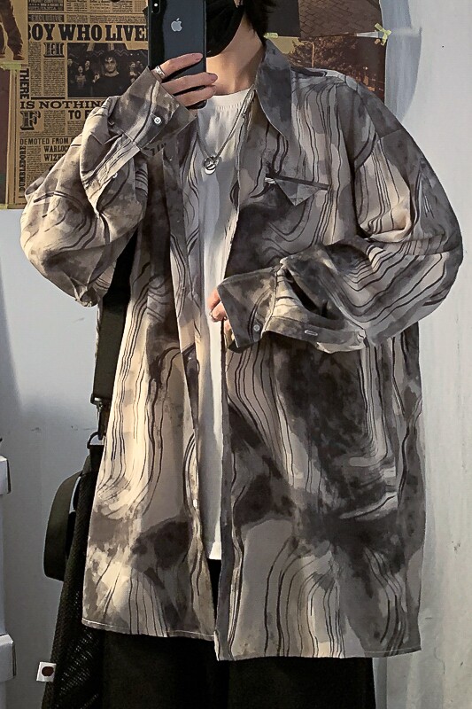 新款韩版港风男宽松个性潮流秋装上衣复古ins长袖衬衫W437-P32,男装衬衫,星座512-2