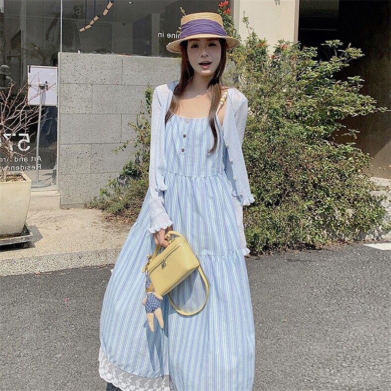【新款】25夏季兰色竖条纹度假风两件套L602-P165-K228,女装连衣裙,2C317