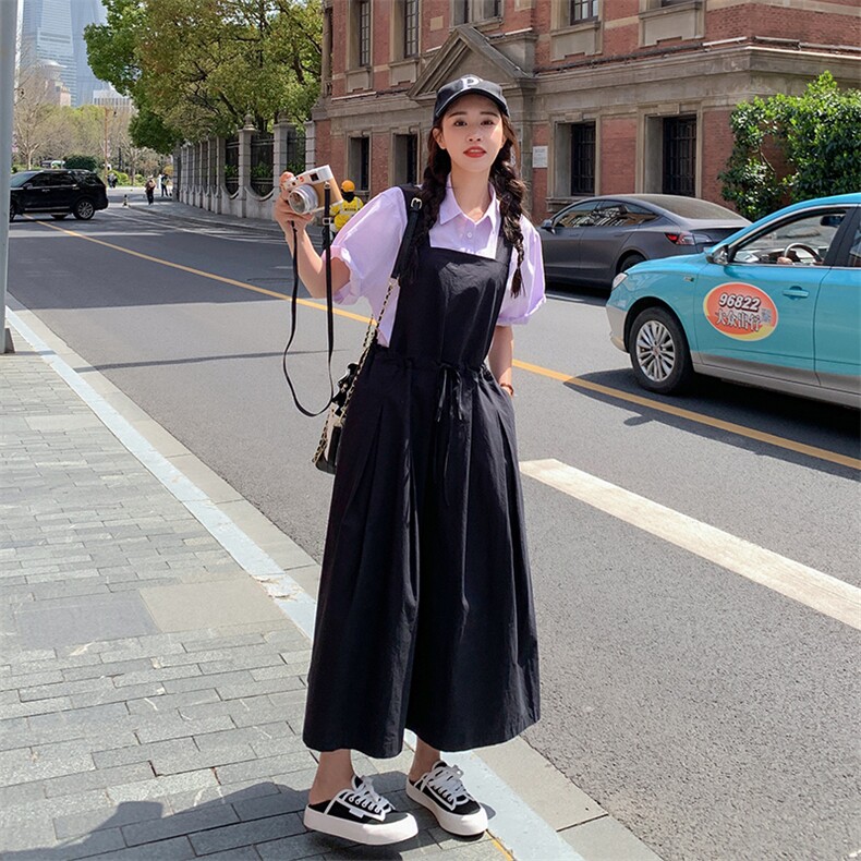 小众设计感纯色连体裙裤韩版休闲宽松收腰阔腿九分裤工装背带裤女,女装连体裤,一九零