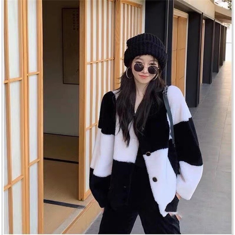潮流V领黑白格羊毛颗粒外套,女装其它,L·H·X