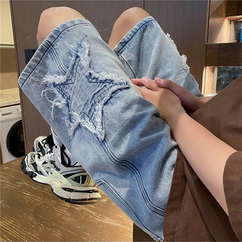 A151水洗做旧牛仔短裤男夏季美式五角形宽松高街裤子潮流五分裤,男装牛仔裤,星座308A-1（原309B-1）