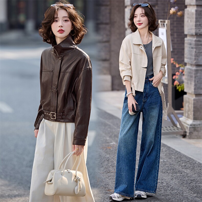 2026春装新款简约摩登时尚复古皮衣外套，女装皮衣，魅丽静蓝