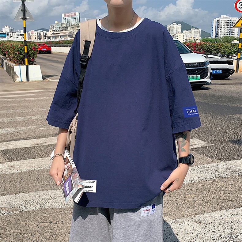 YT26062-P30亚麻短袖t恤男大码五分袖男宽松七分袖港风模特,男装T恤,电商A040