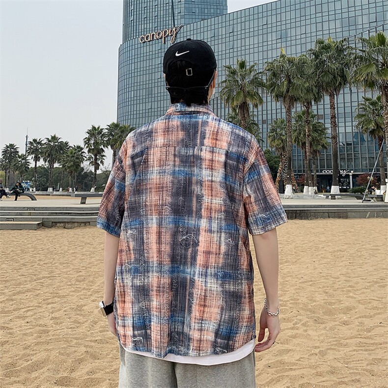 复古男款春秋夏季衬衫潮流宽松青年痞帅短袖破洞衬衣港风7223P45,男装衬衫,电商A056