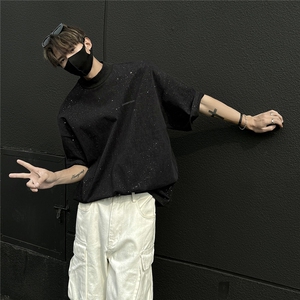 港风满钻巴家罗口硅胶印字母logo设计短袖T恤男DT77835P33控58图片