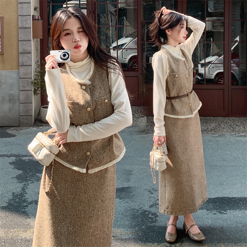 2024年秋季新款女装时尚气质马甲半身裙小立领针织三件套配皮带，女装套装/套裙，韩蜜菓