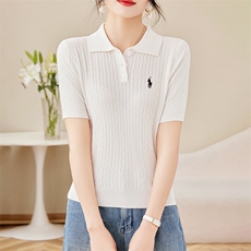 冰丝刺绣POLO领短袖t恤打底衫女内搭针织半袖2025春季新款上衣，女装针织衫/毛衣，质第工厂直营店