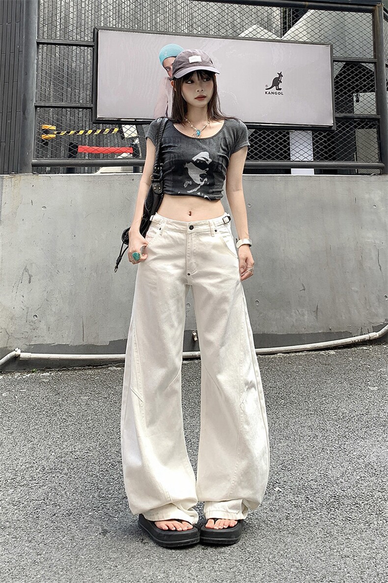 美式复古白色弧形弯刀牛仔裤女潮宽松阔腿裤镰刀裤子YD9017-P70,男装牛仔裤,星座509