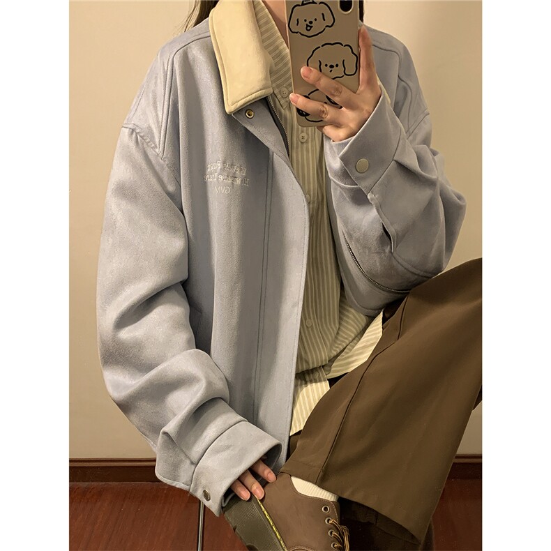 中性麂皮绒假两件可拆卸领字母刺绣情侣女夹克男JK77863P78控108,男装夹克,星座226-1
