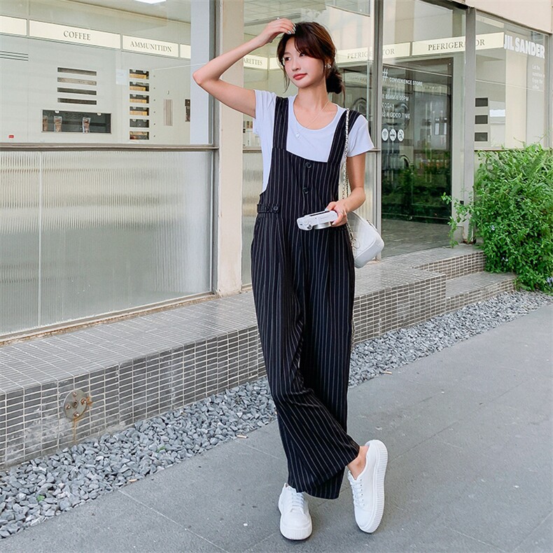 2025夏季新款韩版宽松显瘦条纹背带裤女休闲百搭阔腿连体裤两件套,女装套装/套裙,2C169