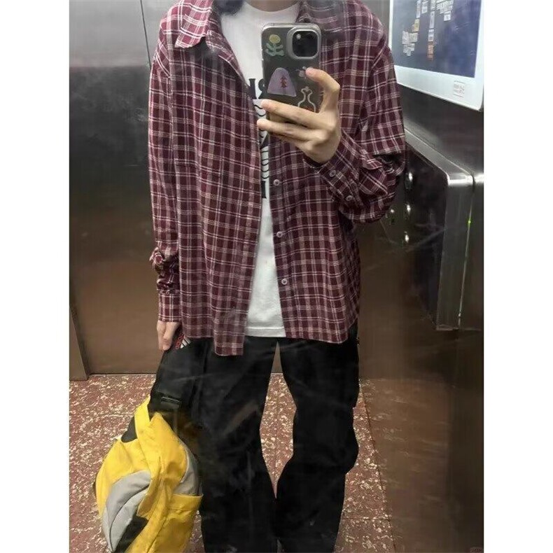 美式复古cleanfit红色格子衬衫男女港风宽松休闲翻领春秋休闲衬衣,男装衬衫,星座506A