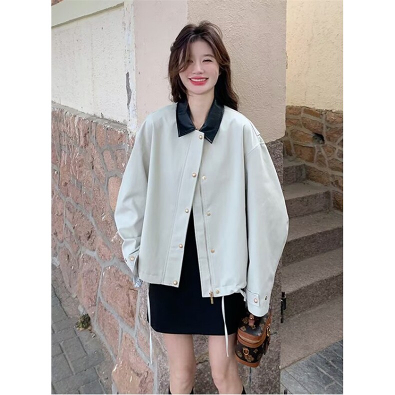 秋季短款宽松外套女士休闲工装夹克撞色翻领上衣简约文艺JY822,男装夹克,星座1116A（原606A-3）