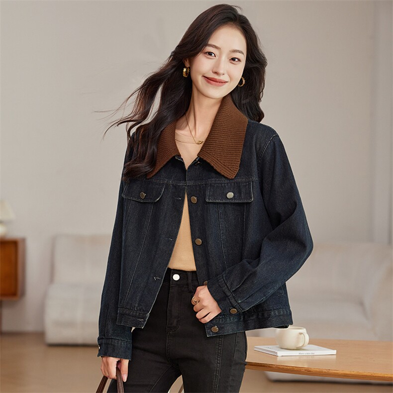 可拆卸针织翻领夹棉牛仔外套女2024秋冬新款复古时尚百搭加厚上衣,女装牛仔外套,文熹诺