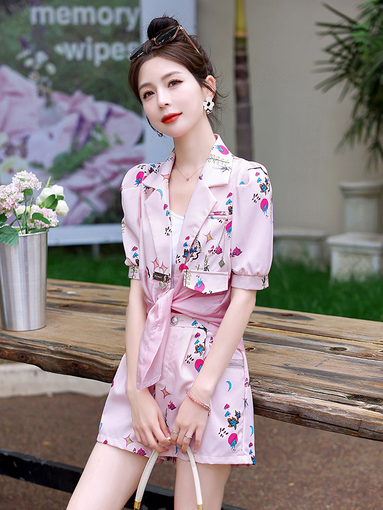 主推现货新中式拼接短裤套装女夏季时尚洋气休闲新款小个子两件套,女装套装/套裙,美静678