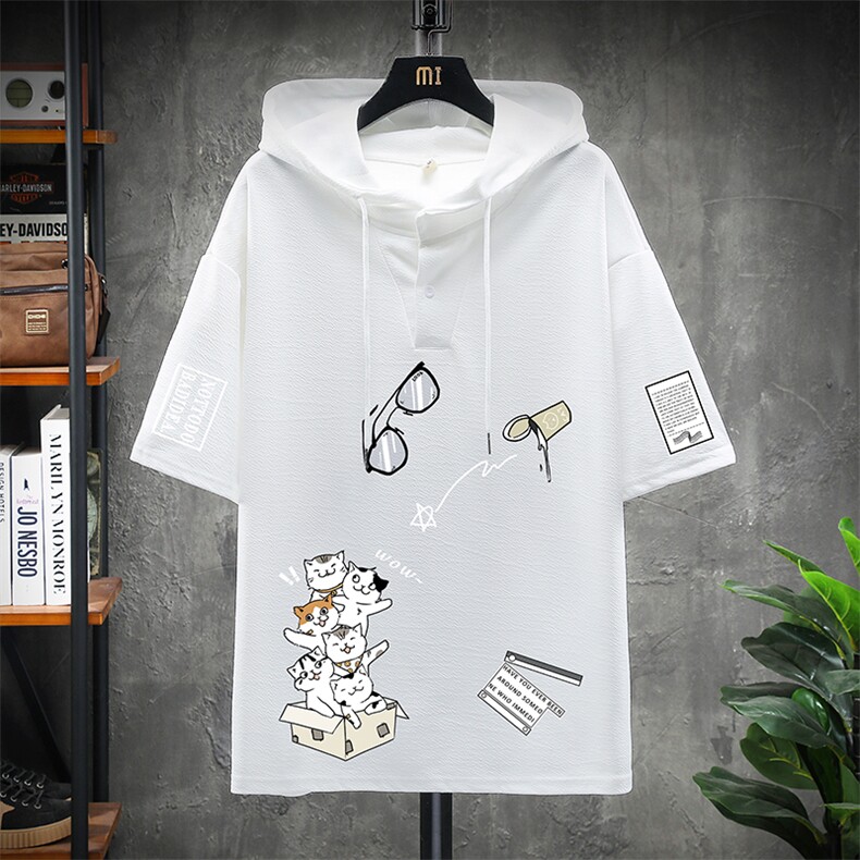 LD54115-P45 连帽短袖t恤男大码胖子带帽五分袖中袖 展架图片