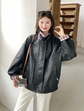 美式复古机车女孩皮衣女2026新款春季翻领宽松高级格纹撞色外套，女装皮衣，艾米莉亚