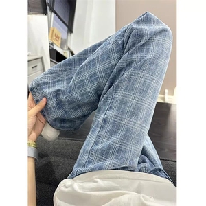 蓝色格子牛仔裤男夏季薄款痞帅抽绳子裤子提档直筒微喇裤 KWY28图片
