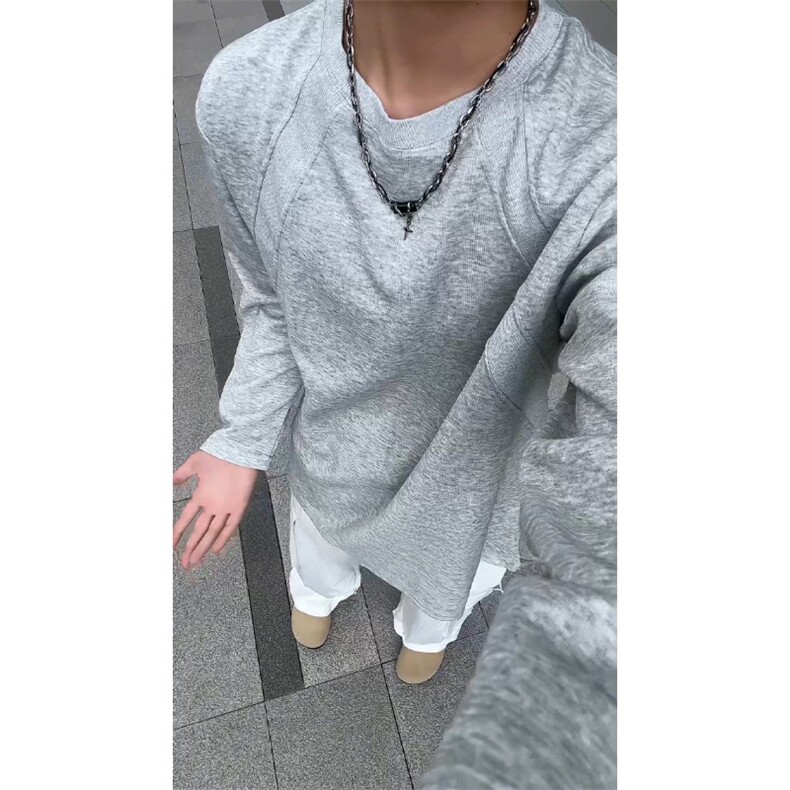 抖音得物品质26春装美式高街曼巴棉螺纹拼接卫衣圆领长袖T恤YT164,男装T恤,电商A486
