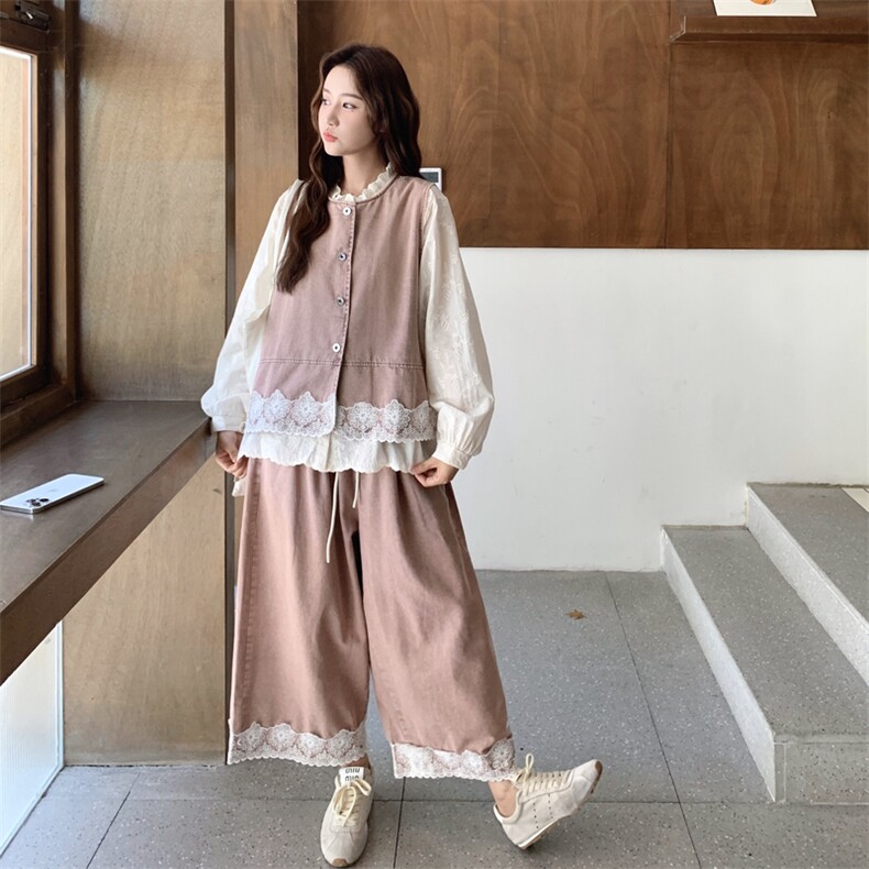 可盐可甜小个子休闲三件套女2025秋季新款蕾丝拼接衬衫马甲阔腿裤,女装套装/套裙,浙宝217
