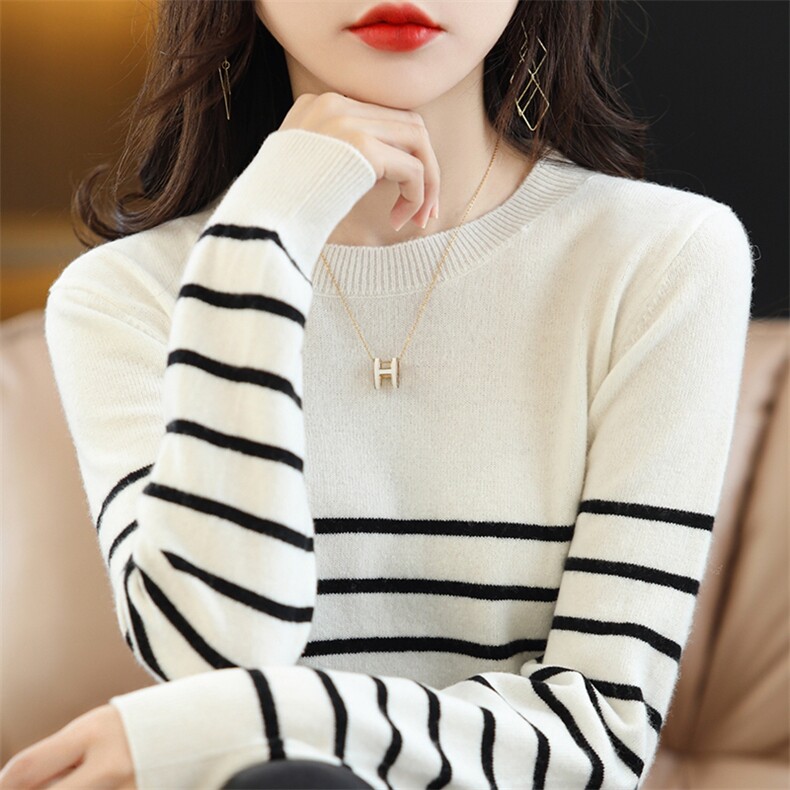 2025年夏季宽松型常规套头单件长袖圆领条纹女士羊毛衫,女装羊毛衫,春贝羊绒