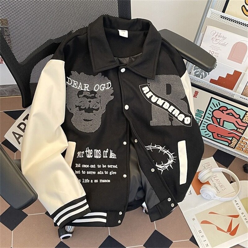 美式拼接撞色春黄色潮牌设计感男女宽松外套刺绣版W6511-P70图片