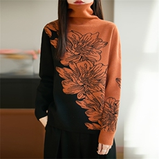 2025年秋季时尚百搭通勤简约休闲拼色提花堆堆领针织衫，女装针织衫/毛衣，郡淞羊绒