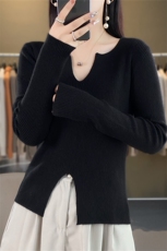 时尚V领开叉设计仿羊毛针织衫显瘦修身长袖毛衣，女装针织衫/毛衣，暖姿羊绒
