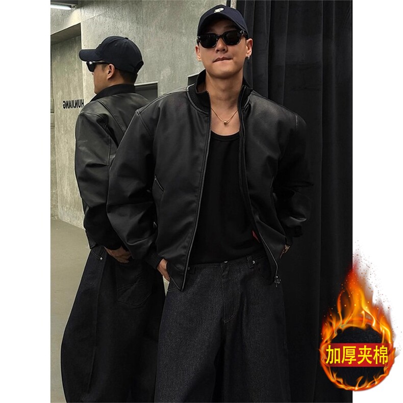 网图加厚夹棉pu软皮拼接夹克防风廓形立领皮衣A025-TY11290-P80,男装夹克,电商A025