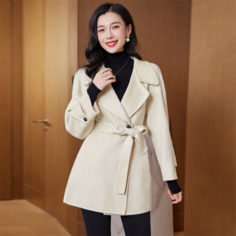 时尚显瘦系带双面羊毛呢大衣女外套气质百搭修身长款风衣，女装双面呢大衣，阿舍尔精品