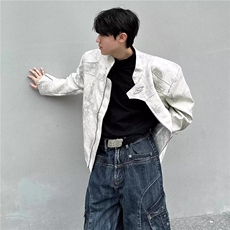 JK8552-P79秋季小众高级感立领机车皮衣男宽松短款垫肩美式，男装皮衣，电商B323A