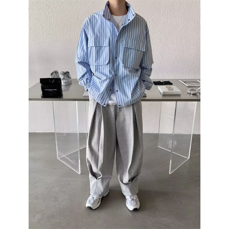 日系浅色条纹衬衫外套男潮流痞帅宽松休闲少年感简约口袋长袖衬衣,男装衬衫,星座506A