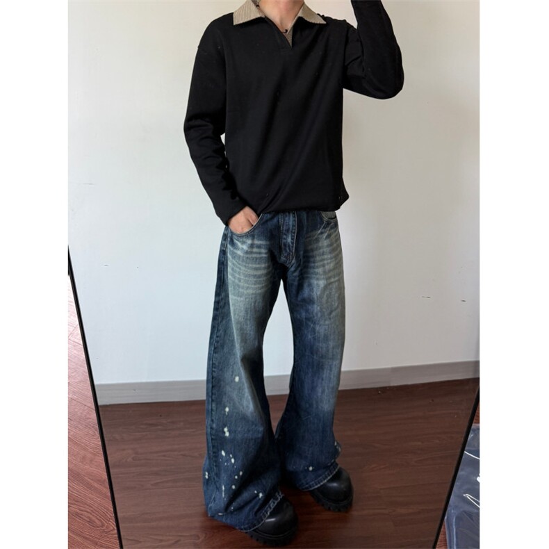 泼墨弯刀微喇牛仔裤男美式高街宽松阔腿喇叭裤子N01192-P55,男装牛仔裤,星座308B-2