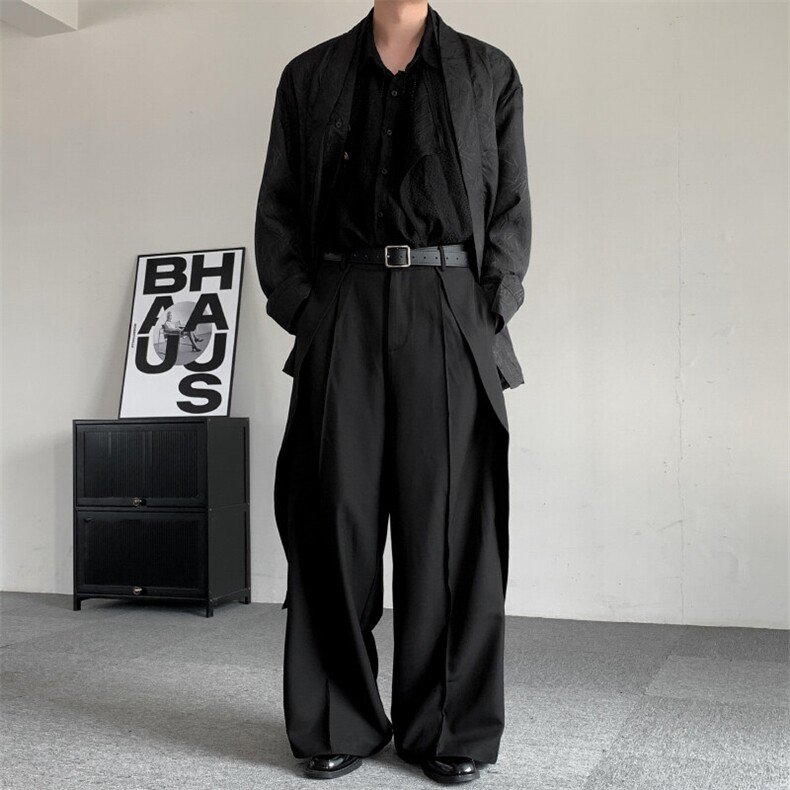 春装2025复古日系新中式男女阔腿抽褶小众拼接阔腿拖地裤堆叠西裤,男装休闲裤,星座909