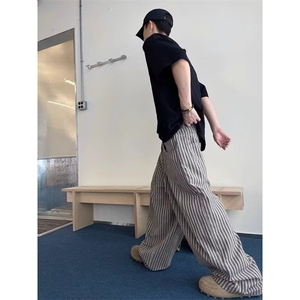 春秋复古慵懒松弛宽松竖条纹休闲裤男女潮直筒裤拖地裤K6542-P52图片