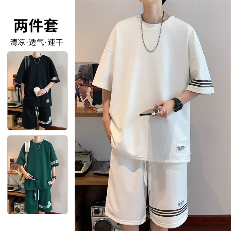 直播品质！2024夏季新款男士珠地短袖T恤套装学生一套TZP001P70图片