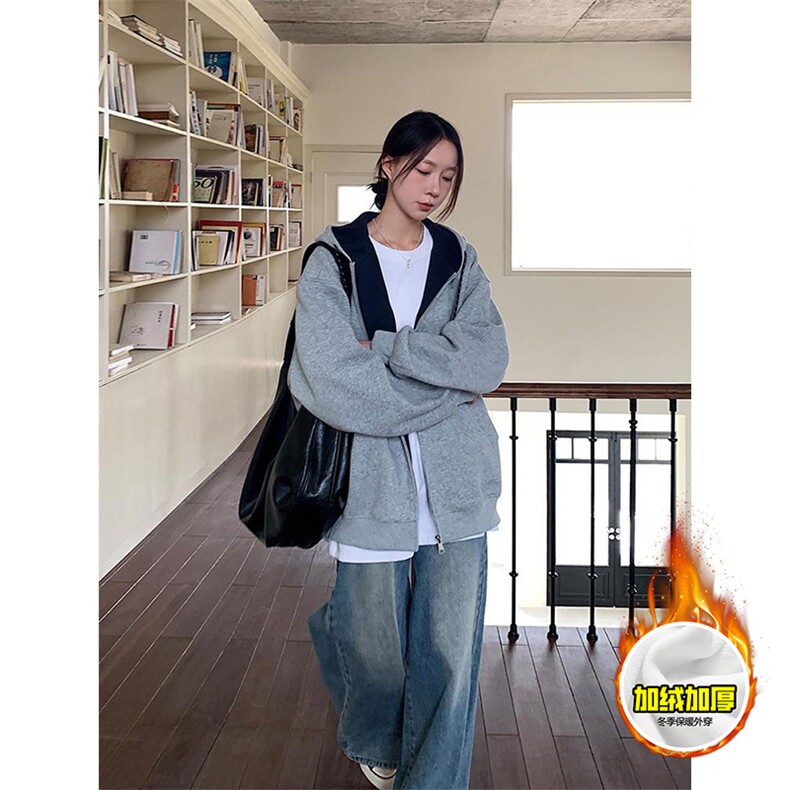 480G重磅加绒硬挺boxy男女秋冬美式高街双层撞色连帽卫衣开衫外套，女装短外套，电商A486-1