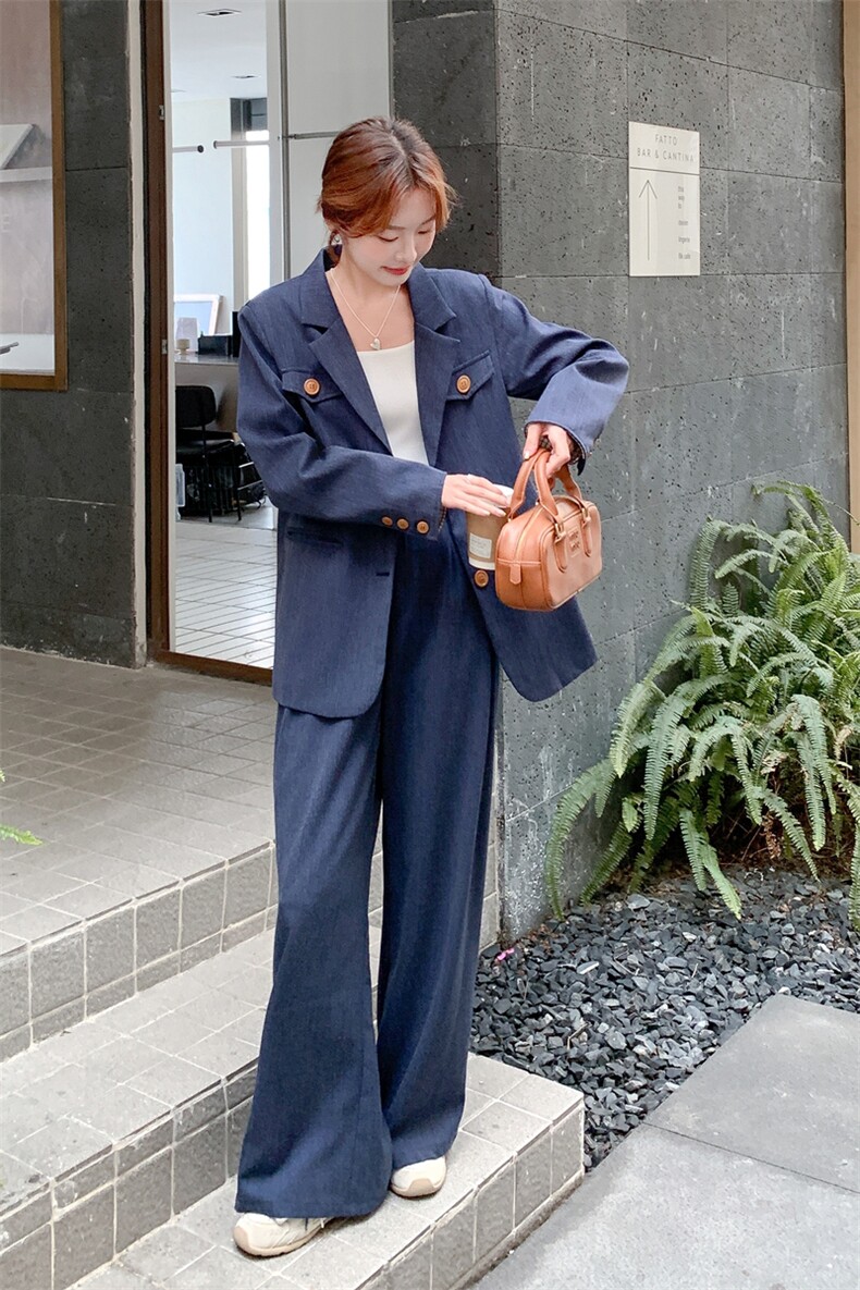 韩系休闲气质蓝色西装阔腿裤套装女春秋ootd减龄两件套爆款巨好看,女装套装/套裙,2C236