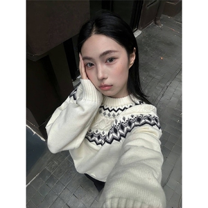 撞色费尔岛提花毛衣女宽松慵懒风设计感长袖针织AB120-P56图片