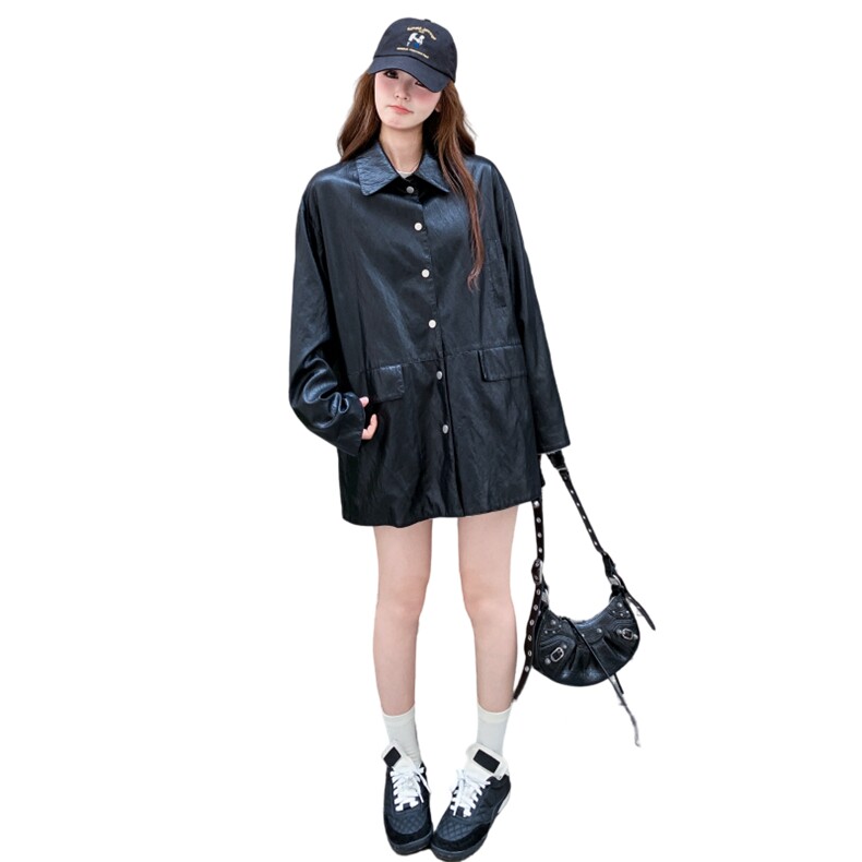 黑色复古甜美港风时髦简约皮衣外套女2025秋季中长款翻领pu皮夹克,女装皮衣,2C291