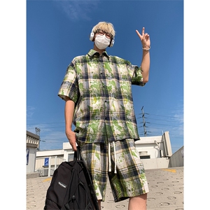 夏季扎染格子套装上衣DC2240特P25控49-裤子DK8627特P21控48图片