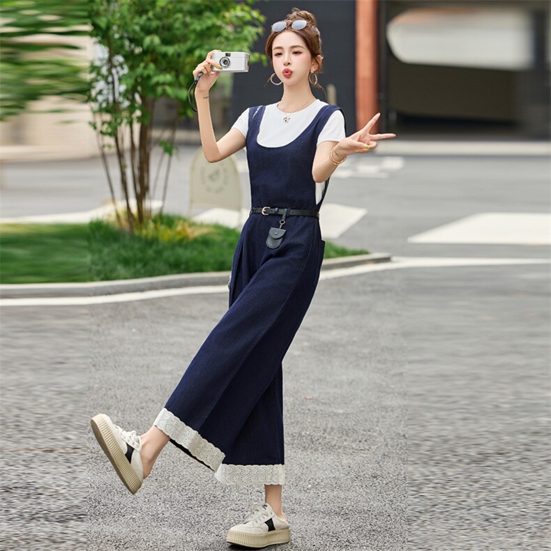 港风复古高端牛仔背带连体裤2025夏新款女减龄洋气阔腿裤休闲套装,女装套装/套裙,瑶迪依秀