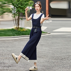 港风复古高端牛仔背带连体裤2025夏新款女减龄洋气阔腿裤休闲套装，女装套装/套裙，瑶迪依秀