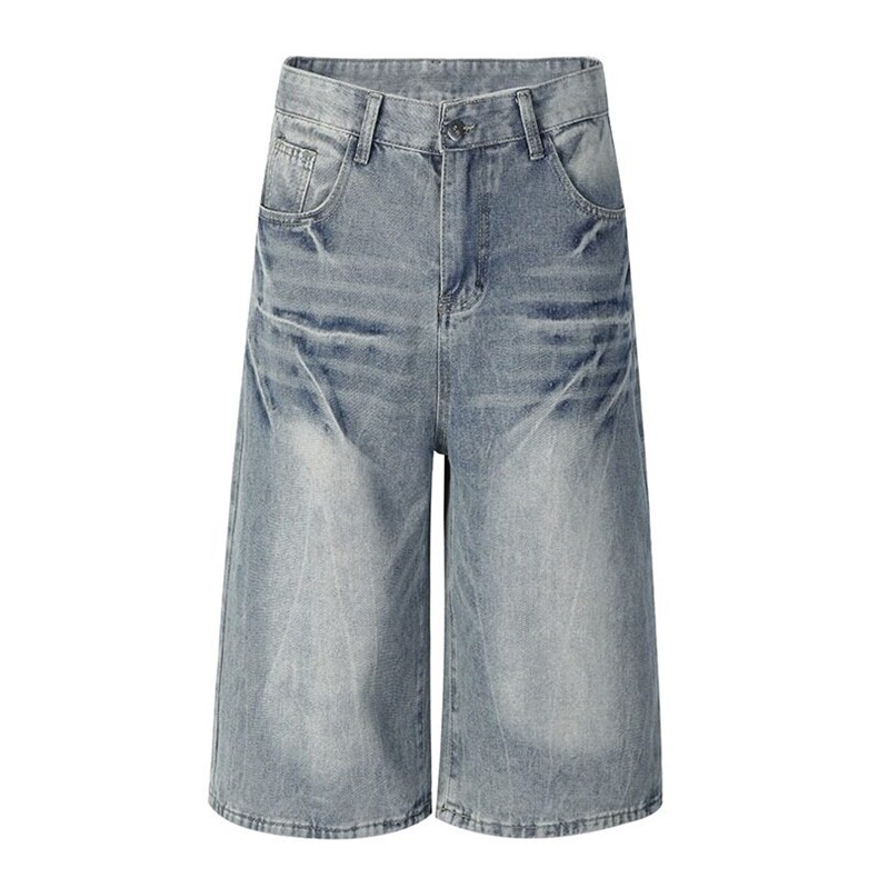 美式复古水洗闪电纹宽松牛仔短裤男款夏季潮牌街头直筒阔腿七分裤，男装牛仔裤，星座601-1