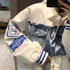 港风牛仔拼接夹克外套男女棒球服宽松高街vibe风潮牌XJ333-P65，男装夹克，星座1001-1