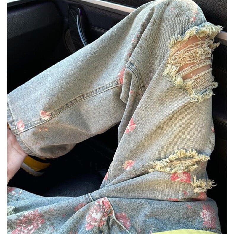美式高街花卉破洞牛仔裤男款痞帅高级感显瘦裤子玫瑰满印直筒长裤,男装牛仔裤,星座1116A（原606A-3）
