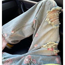 美式高街花卉破洞牛仔裤男款痞帅高级感显瘦裤子玫瑰满印直筒长裤，男装牛仔裤，星座1116A（原606A-3）