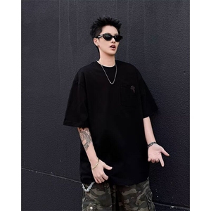 C507P33 ins美式青少年重磅印花T恤男夏季宽松口袋潮牌短袖上衣服图片