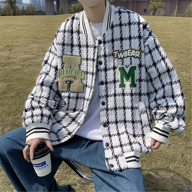 美式刺绣字母拼接棒球服秋季2022新款棋盘格设计刺绣J7714P75,男装夹克,星座1116-2