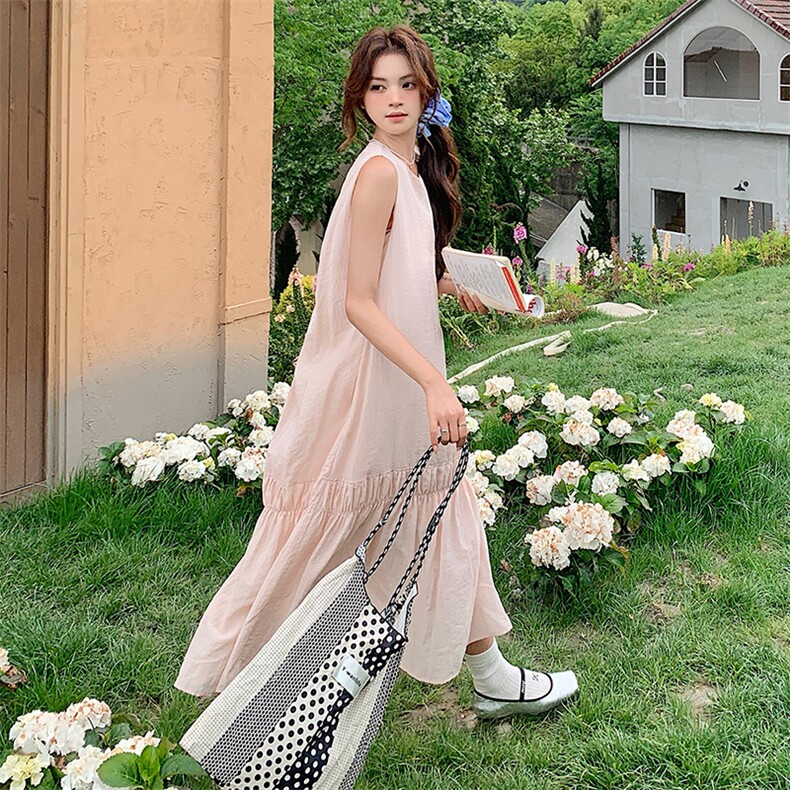 设计感小众露背无袖连衣裙女2025夏季新款韩系甜美宽松背心长裙潮,女装连衣裙,浙宝305