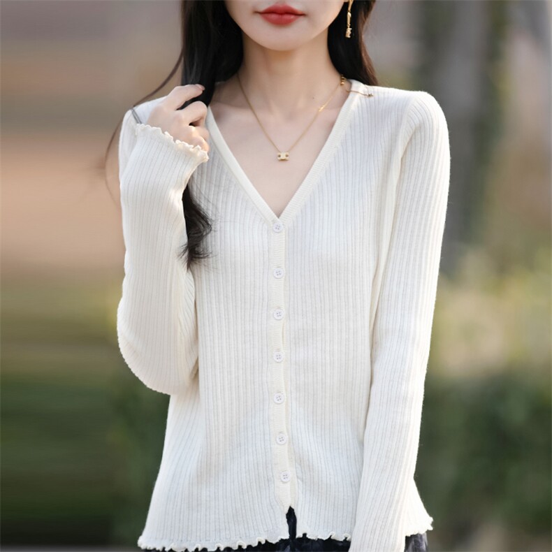 春秋精纺羊毛开衫女V领坑条木耳边针织长袖毛衣宽松休闲外套上衣,针织衫/毛衣,佳绒包芯纱店